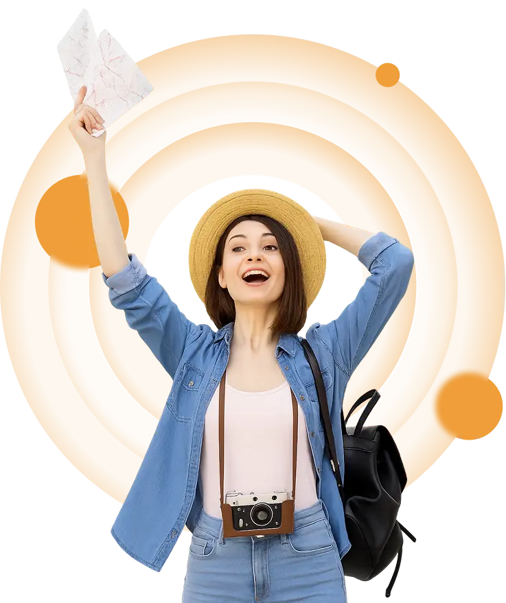 Happy traveler holding a map, ready for adventure